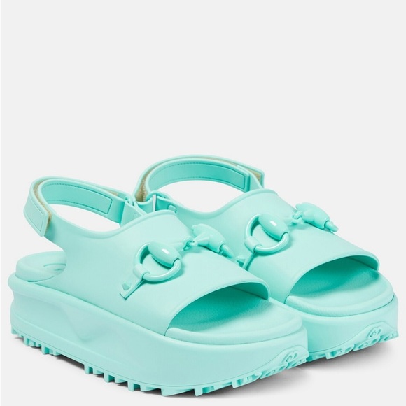 $750 New in Box Gucci Made in Italy Green Horsebit Rubber Platform Sandals sz 6 - Picture 3 of 15